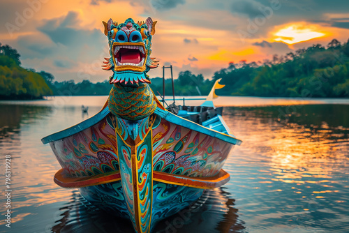 Generative AI Image of Front View of Dragon Boat on the Lake in Cultural Festival at Sunset