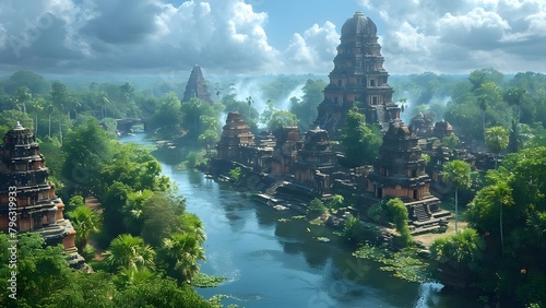 Exploring a Lush Jungle with Ancient Temple Ruins, River, and Mysterious Alien Structures under a Clear Blue Sky. Concept Jungle Adventure, Temple Ruins, Alien Structures, River Scenery