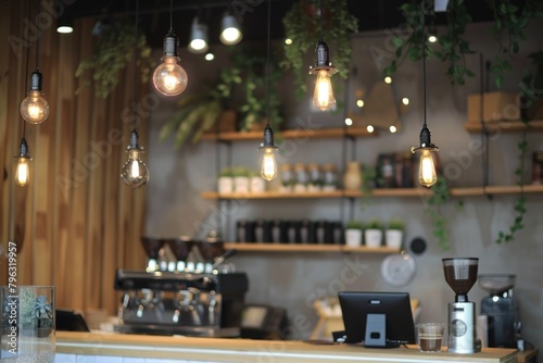 Interior of a bar with multiple light bulbs hanging from the ceiling. Suitable for interior design concepts
