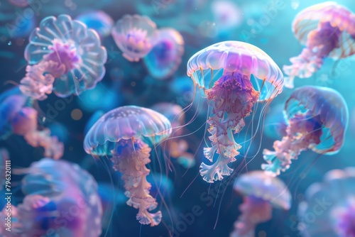 Group of jellyfish swimming gracefully in the ocean. Perfect for marine life concepts