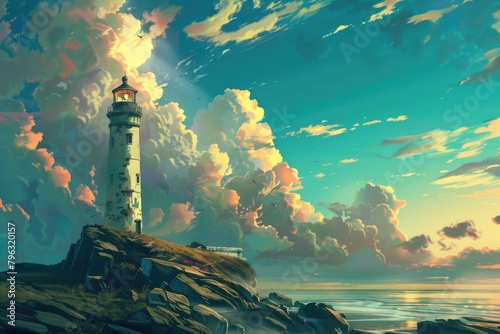 A painting of a lighthouse on a rocky shore. Suitable for maritime themes photo