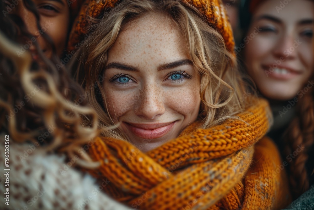 Candid close-up of three young women with one at the center wearing a woolen hat and scarf, all sharing a happy moment Candid close-up of three young women with one at the center wearing a woolen hat and scarf, all sharing a happy moment