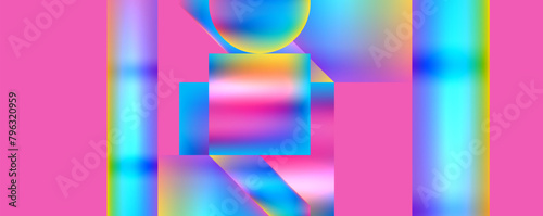 A vibrant abstract background featuring geometric shapes in hues of magenta, azure, purple, and electric blue on a pink backdrop, creating a symmetrical and artful pattern of rectangles