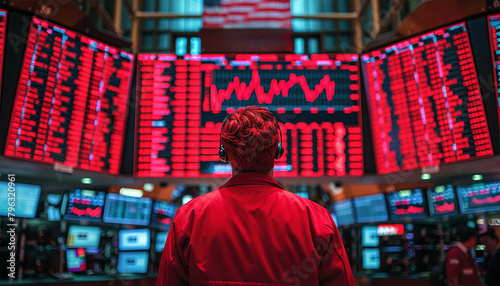 Red chart Stockbroker Looking at Stock Trading data on Display Board at Stock Exchange Market as Business financial investment concept. The Market trend is decrease or Down as show in red Figure. 