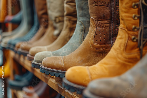 A close-up shot of a line of high end boots in a fashion store, using a shallow depth of field to blur the background and emphasize the leather textures and decoration, muted color tone.