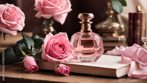 A pink glass perfume bottle is sitting on a wooden table. There is a pink rose bush behind it with several pink roses in various stages of bloom.