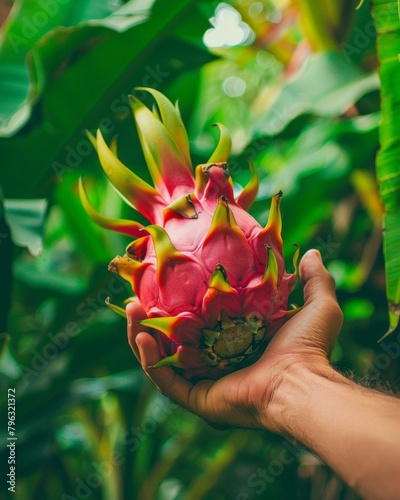 A hand holding a dragon fruit in front of a green background
