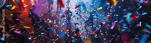 A photo of a crowd of people with colorful confetti falling from the ceiling