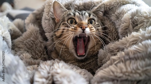 A closeup of a tabby cat yowling with its mouth wide open