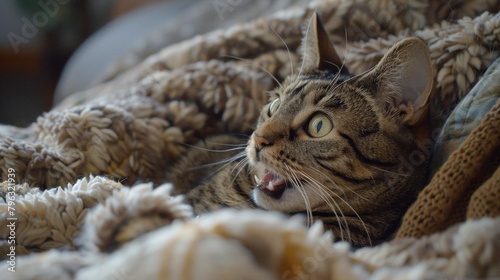 A cute tabby cat is peeking out from under a fluffy blanket © Pairat