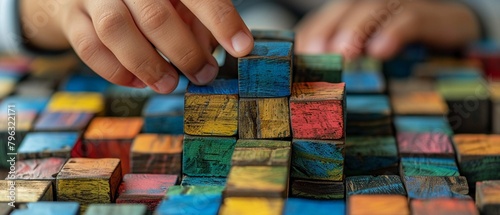 Closeup of a student solving a 3D math puzzle, engaging with spatial and logical challenges photo
