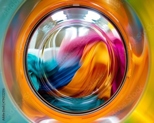 Front-loading washing machine with bright  colorful clothes spinning inside viewed through the glass door