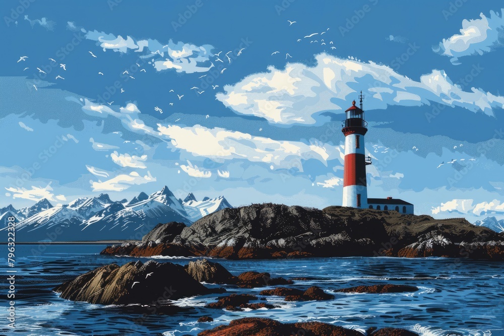 A serene painting of a lighthouse in the vast ocean. Ideal for home decor or travel brochures