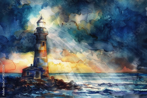 Beautiful watercolor painting of a lighthouse in the ocean, perfect for nautical themes or coastal decor