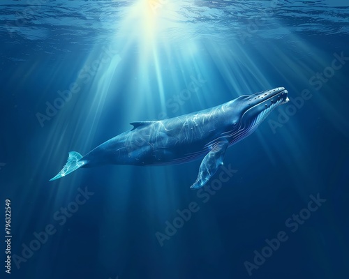 A gentle giant, blue whale, in the deep blue sea, sunlight filtering through, wideangle view, realistic style