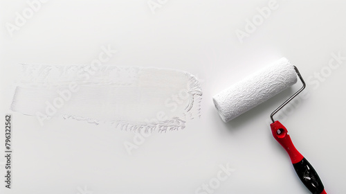 A white paint roller is on a white surface. The roller is red and black. White background photo of stock, paint roller, minimalism place of the text