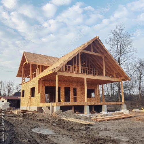 Wooden frame construction using truss, posts, and beams for new house manufacturing project © Andrei
