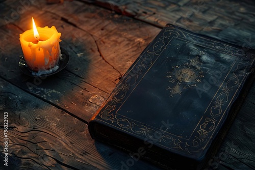 A photo of an old book and a candle on a wooden table