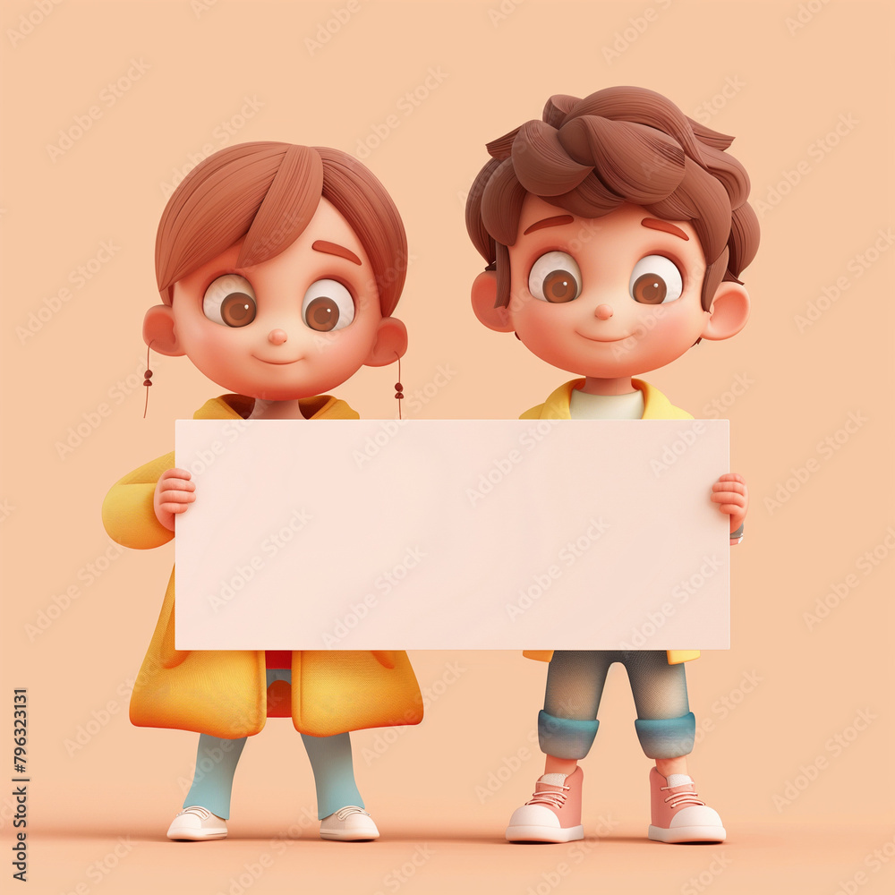 Young little girl and boy kids children cartoon characters holding paper banner. 3 D illustration. Young little girl and boy kids children cartoon characters holding paper banner. 3 D illustration.