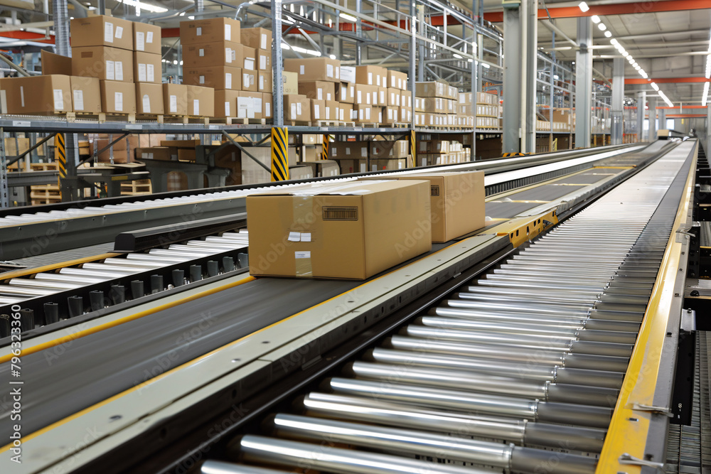 Naklejka premium A conveyor belt in a warehouse with boxes on it
