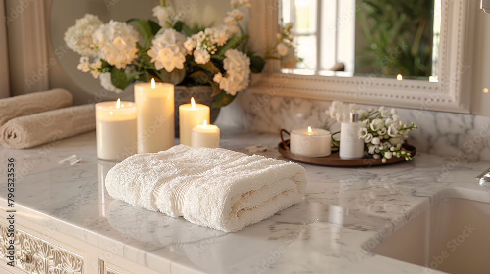 A white towel is laying on a marble countertop next to candles A white towel is laying on a marble countertop next to candles