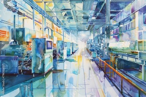 A painting of a factory filled with machines. Suitable for industrial concepts