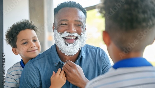 Close up over the shoulder of a smiling black man shaving in the mirror with his young son watching him