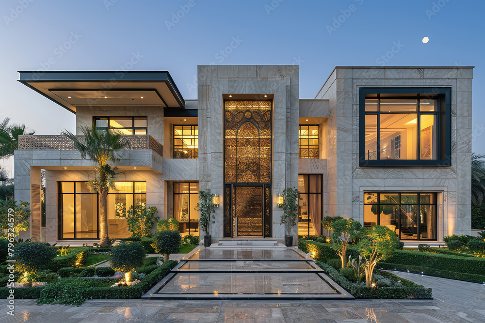 A stunning modern villa with traditional Saudi architecture, featuring intricate geometric patterns and luxurious glass windows. Created with Ai