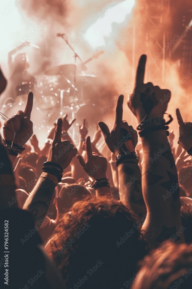 A lively crowd of people with their hands raised. Perfect for event promotions