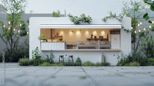 Quaint mobile eatery with white exterior and welcoming window set against muted background