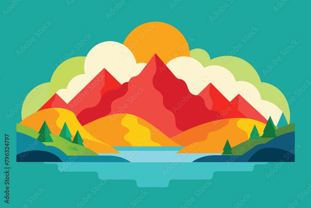 Color mountains near water Chinese style vector design