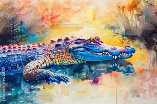 Watercolor hand drawn crocodile in a serene lake, vibrant and bright colors, nature scene