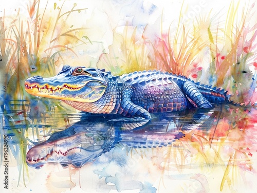 Vibrant watercolor of a big crocodile in a lake  hand drawn with bright natural colors
