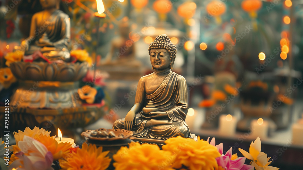 A Buddha statue surrounded by burning candles and flowers. The concept of 