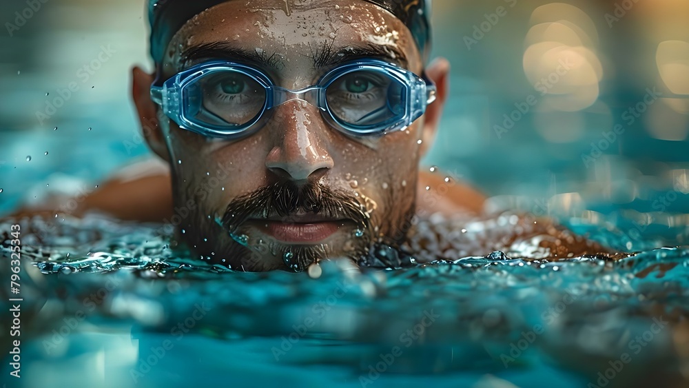 Elegant Male Swimmer in Motion with Blurred Pool Background. Concept Male Swimmer, Elegant Poses, Motion Blur, Pool Background, Sport Photography