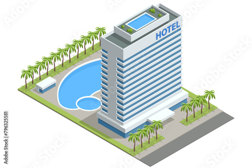 Isometric motel or hotel building. Modern hotel or motel building with parking and swimming pool People booking hotel and search reservation for holiday.