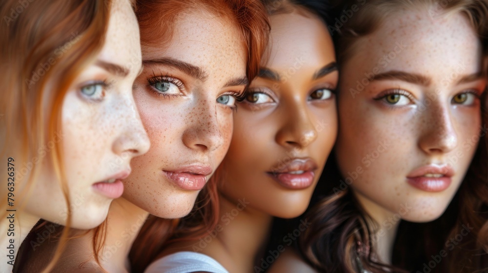 Close-up of a multinational group of young beautiful women with radiant skin and natural beauty looking at the camera on a black background. Natural Beauty, Skin Care, Diversity, Unity of concept Close-up of a multinational group of young beautiful women with radiant skin and natural beauty looking at the camera on a black background. Natural Beauty, Skin Care, Diversity, Unity of concept