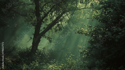 A tree is in the middle of a forest with sunlight shining through the leaves