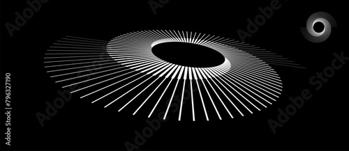 Spiral with white lines as dynamic abstract vector background or logo or icon. Abstract background with lines in circle. Artistic illustration with perspective on black background.