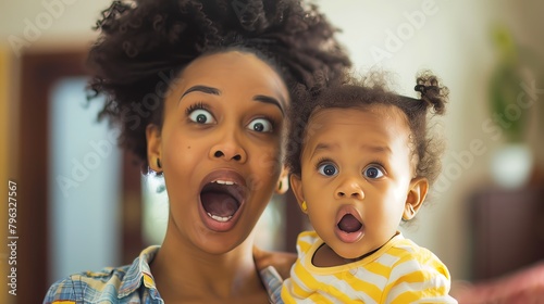 Surprised black woman with child