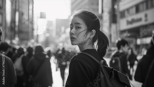 a Korean woman standing on a busy street