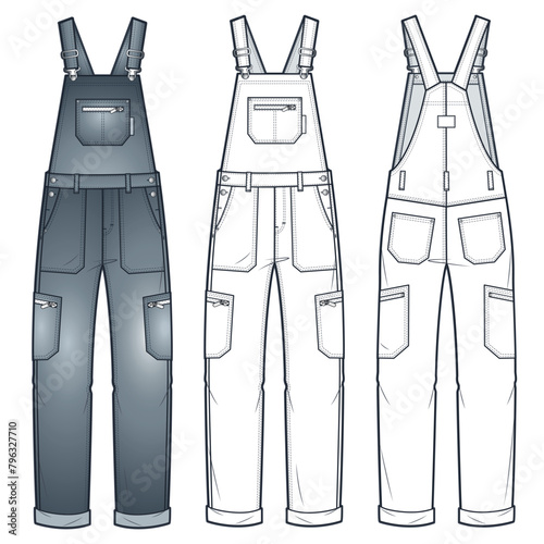 Denim Jumpsuit fashion flat technical drawing template. Dungarees technical fashion illustration, full length, pockets, oversized, front, back view, white, grey, women, men, unisex CAD mockup set.