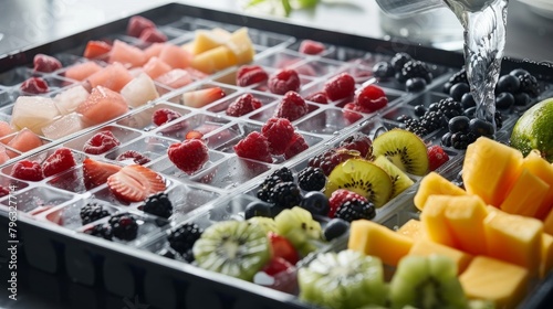 Pouring water into ice cube tray with different fruits and berries on table, closeup photo