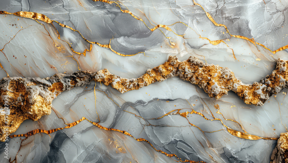 3D rendering of golden cracks on a grey marble stone texture background. Created with Ai