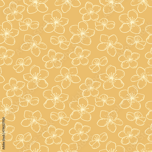 Yellow seamless pattern with simple artistic flowers lines. Vector hand drawn sketch outlines. Abstract contour silhouette floral ornament. Template for design, fabric, printing, surface design