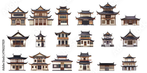 Set of ancient Chinese style houses on a white background.