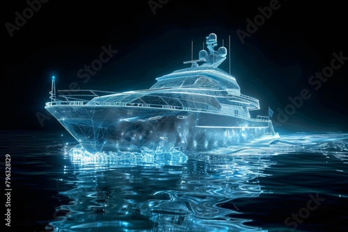 A holographic wireframe model of a large boat at sea, glowing in the dark.