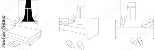 hand drown hotel room with bed, window, curtains and slippers