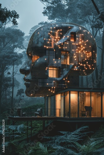 A brain-shaped network of lights overlays a house at dusk, symbolizing an advanced smart home system.