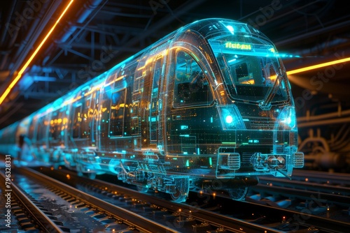 A digital holographic wireframe model of a train glowing in blue on railway tracks at nighttime.